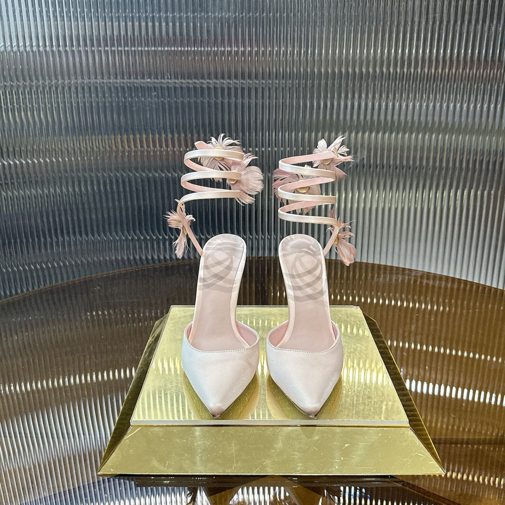 RENE CAOVILLA 26S FLORAL FEATHER HIGH HEELS 100 MM IN NUDE SATIN