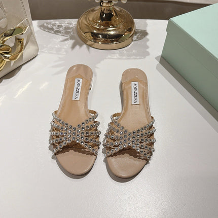 AQUAZZURA 26S SLIDES IN BEIGE LAMBSKIN CRYSTAL EMBELLISHED