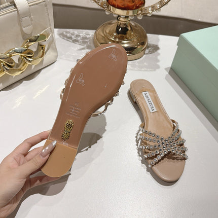 AQUAZZURA 26S SLIDES IN BEIGE LAMBSKIN CRYSTAL EMBELLISHED