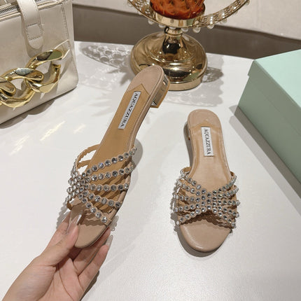 AQUAZZURA 26S SLIDES IN BEIGE LAMBSKIN CRYSTAL EMBELLISHED