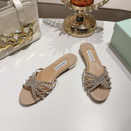 AQUAZZURA 26S SLIDES IN BEIGE LAMBSKIN CRYSTAL EMBELLISHED