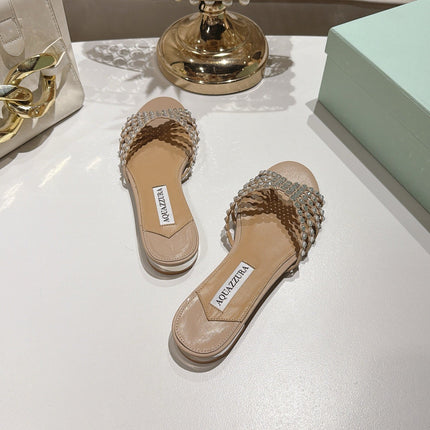 AQUAZZURA 26S SLIDES IN BEIGE LAMBSKIN CRYSTAL EMBELLISHED