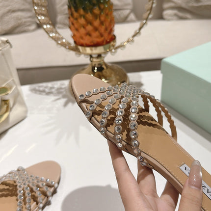 AQUAZZURA 26S SLIDES IN BEIGE LAMBSKIN CRYSTAL EMBELLISHED