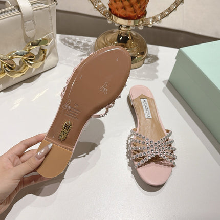 AQUAZZURA 26S SLIDES IN LIGHT PINK LAMBSKIN CRYSTAL EMBELLISHED