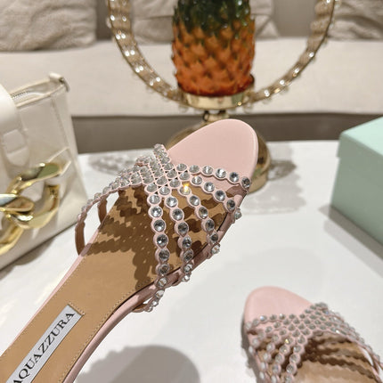 AQUAZZURA 26S SLIDES IN LIGHT PINK LAMBSKIN CRYSTAL EMBELLISHED