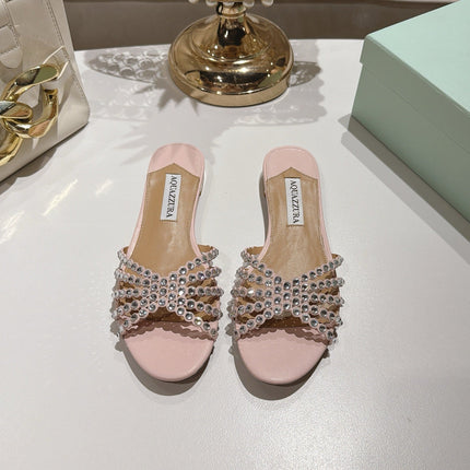 AQUAZZURA 26S SLIDES IN LIGHT PINK LAMBSKIN CRYSTAL EMBELLISHED