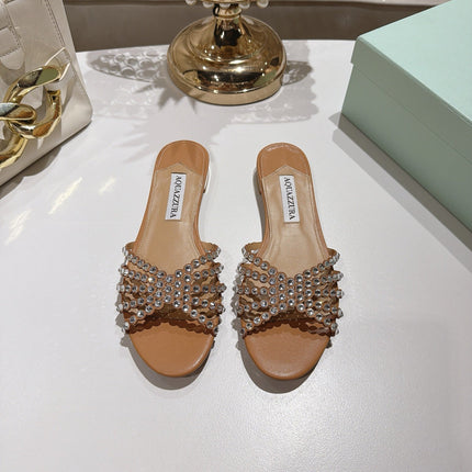 AQUAZZURA 26S SLIDES IN LIGHT BROWN LAMBSKIN CRYSTAL EMBELLISHED