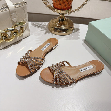 AQUAZZURA 26S SLIDES IN LIGHT BROWN LAMBSKIN CRYSTAL EMBELLISHED