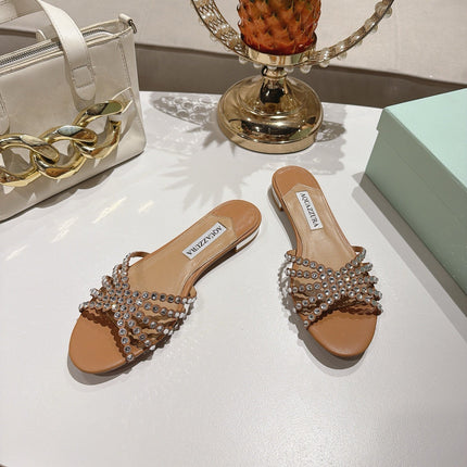 AQUAZZURA 26S SLIDES IN LIGHT BROWN LAMBSKIN CRYSTAL EMBELLISHED
