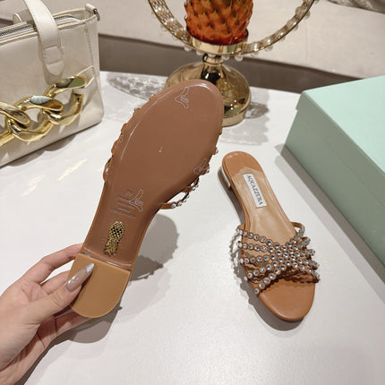 AQUAZZURA 26S SLIDES IN LIGHT BROWN LAMBSKIN CRYSTAL EMBELLISHED