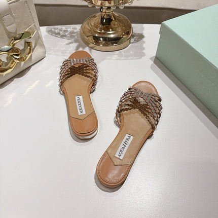 AQUAZZURA 26S SLIDES IN LIGHT BROWN LAMBSKIN CRYSTAL EMBELLISHED