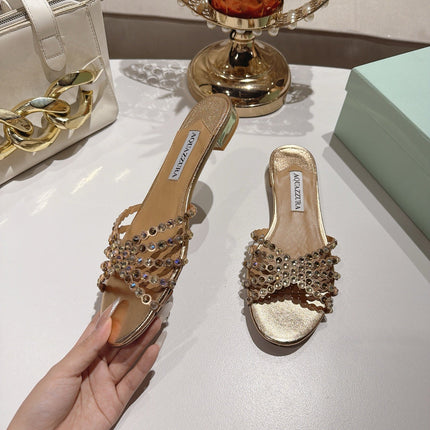 AQUAZZURA 26S SLIDES IN LIGHT GOLD LAMBSKIN CRYSTAL EMBELLISHED