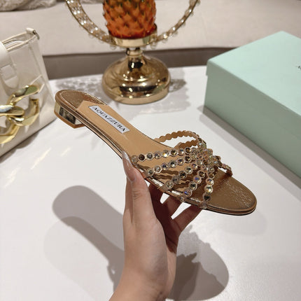 AQUAZZURA 26S SLIDES IN LIGHT GOLD LAMBSKIN CRYSTAL EMBELLISHED