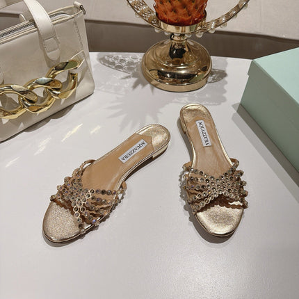 AQUAZZURA 26S SLIDES IN LIGHT GOLD LAMBSKIN CRYSTAL EMBELLISHED