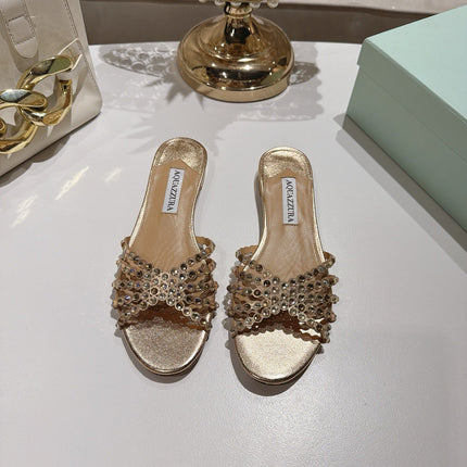 AQUAZZURA 26S SLIDES IN LIGHT GOLD LAMBSKIN CRYSTAL EMBELLISHED