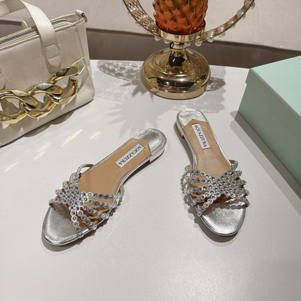 AQUAZZURA 26S SLIDES IN SILVER LAMBSKIN CRYSTAL EMBELLISHED