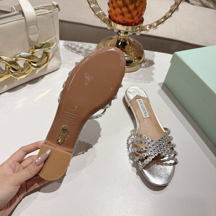 AQUAZZURA 26S SLIDES IN SILVER LAMBSKIN CRYSTAL EMBELLISHED