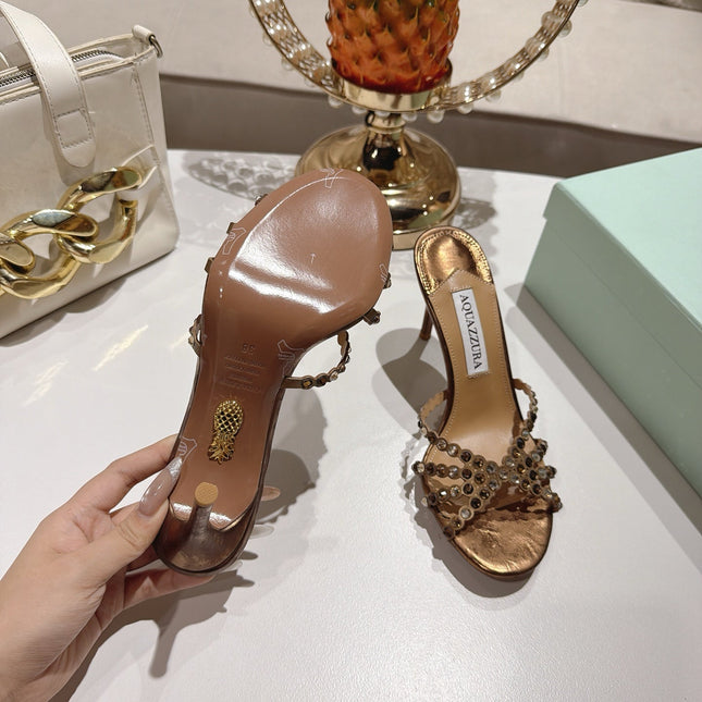 AQUAZZURA 26S HIGH-HEEL SANDALS 85 MM IN METALLIC BRONZE CALFSKIN