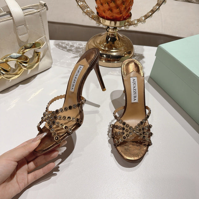 AQUAZZURA 26S HIGH-HEEL SANDALS 85 MM IN METALLIC BRONZE CALFSKIN