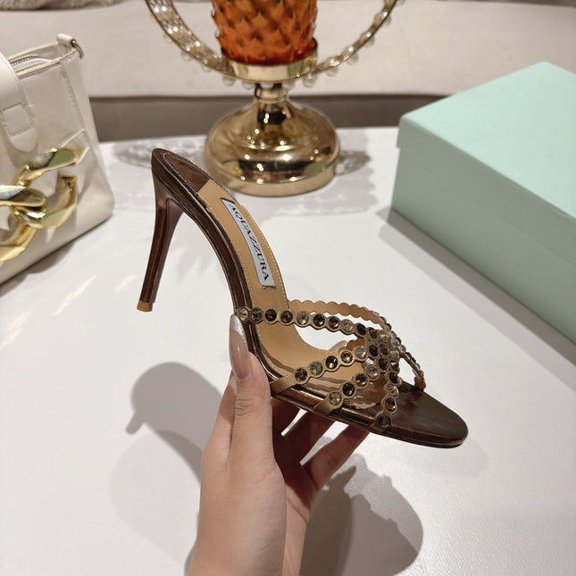 AQUAZZURA 26S HIGH-HEEL SANDALS 85 MM IN METALLIC BRONZE CALFSKIN