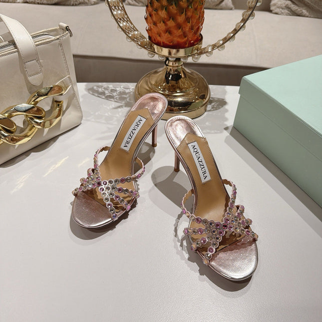 AQUAZZURA 26S HIGH-HEEL SANDALS 85 MM IN METALLIC PINK CALFSKIN