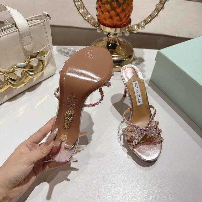 AQUAZZURA 26S HIGH-HEEL SANDALS 85 MM IN METALLIC PINK CALFSKIN