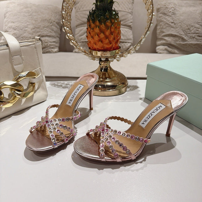 AQUAZZURA 26S HIGH-HEEL SANDALS 85 MM IN METALLIC PINK CALFSKIN