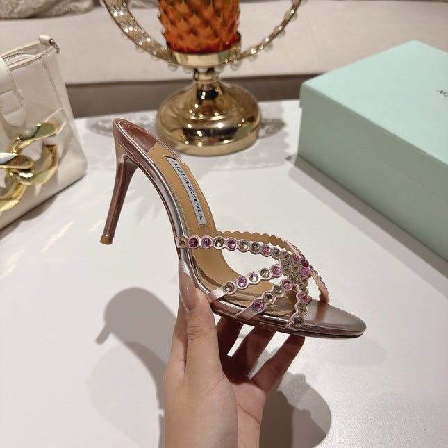 AQUAZZURA 26S HIGH-HEEL SANDALS 85 MM IN METALLIC PINK CALFSKIN