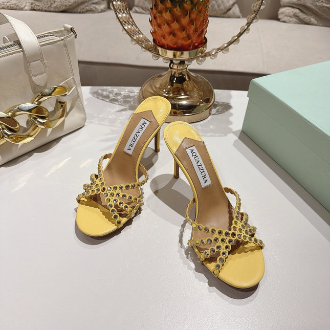 AQUAZZURA 26S HIGH-HEEL SANDALS 85 MM IN PASTEL YELLOW CALFSKIN