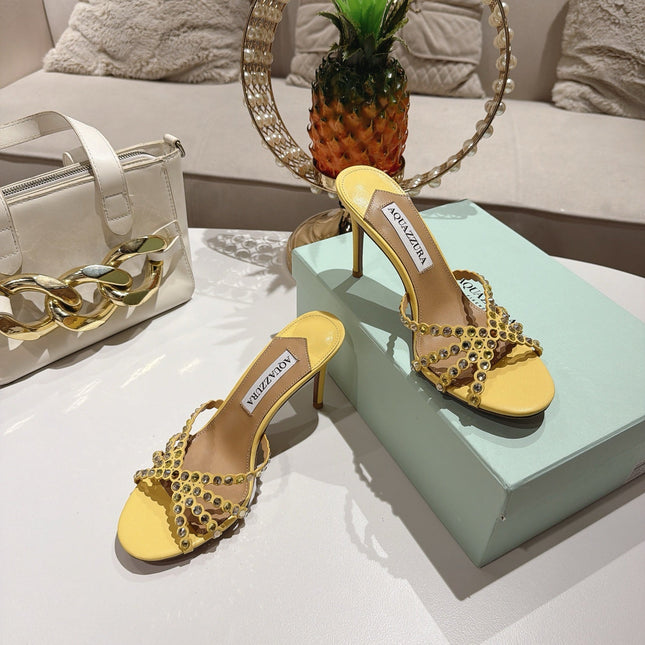 AQUAZZURA 26S HIGH-HEEL SANDALS 85 MM IN PASTEL YELLOW CALFSKIN