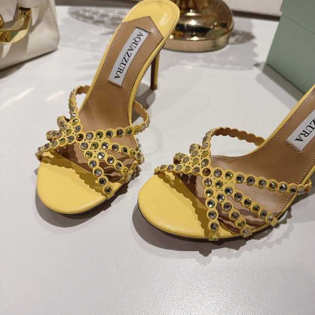AQUAZZURA 26S HIGH-HEEL SANDALS 85 MM IN PASTEL YELLOW CALFSKIN