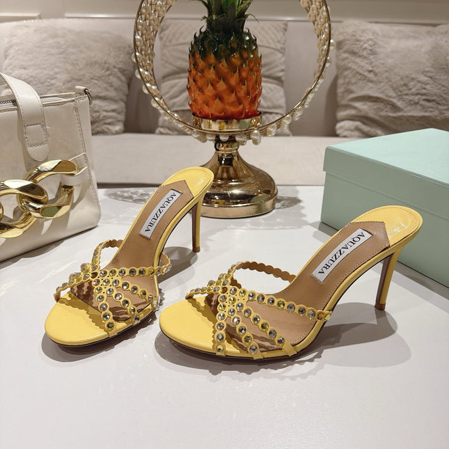 AQUAZZURA 26S HIGH-HEEL SANDALS 85 MM IN PASTEL YELLOW CALFSKIN