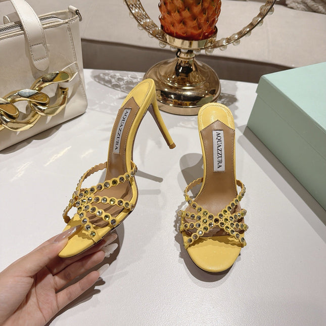 AQUAZZURA 26S HIGH-HEEL SANDALS 85 MM IN PASTEL YELLOW CALFSKIN