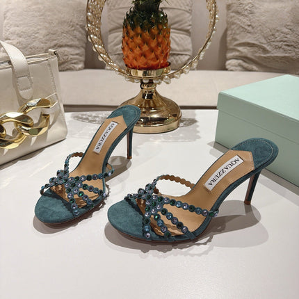 AQUAZZURA 26S HIGH-HEEL SANDALS 85 MM IN DARK GREEN SUEDE