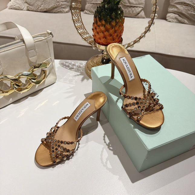 AQUAZZURA 26S HIGH-HEEL SANDALS 85 MM IN METALLIC GOLD CALFSKIN