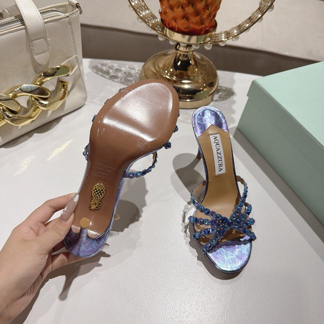 AQUAZZURA 26S HIGH-HEEL SANDALS 85 MM IN METALLIC PURPLE CALFSKIN