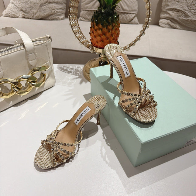 AQUAZZURA 26S HIGH-HEEL SANDALS 85 MM IN GOLD SNAKESKIN 