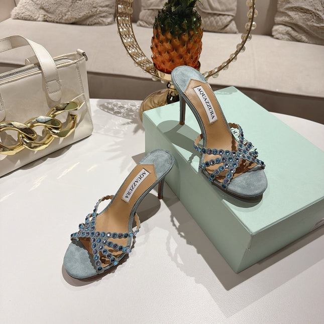 AQUAZZURA 26S HIGH-HEEL SANDALS 85 MM IN DUSTY BLUE SUEDE