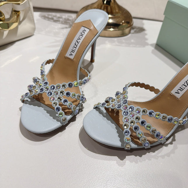 AQUAZZURA 26S HIGH-HEEL SANDALS 85 MM IN POWDER BLUE CALFSKIN
