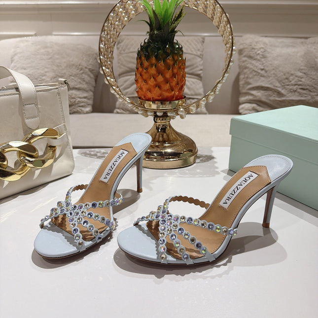 AQUAZZURA 26S HIGH-HEEL SANDALS 85 MM IN POWDER BLUE CALFSKIN