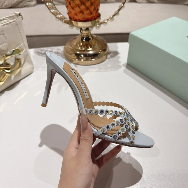 AQUAZZURA 26S HIGH-HEEL SANDALS 85 MM IN POWDER BLUE CALFSKIN