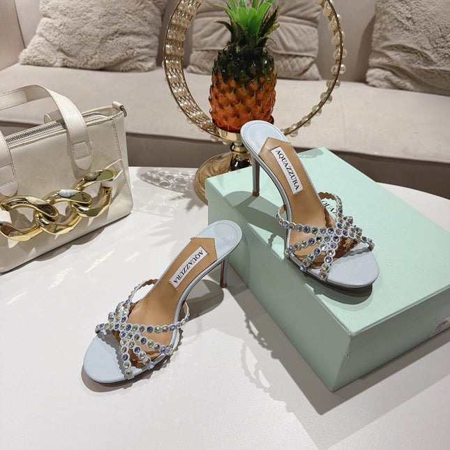 AQUAZZURA 26S HIGH-HEEL SANDALS 85 MM IN POWDER BLUE CALFSKIN