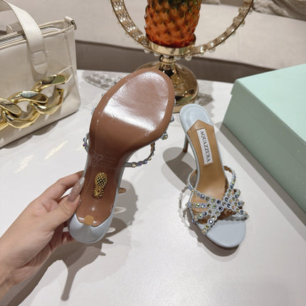 AQUAZZURA 26S HIGH-HEEL SANDALS 85 MM IN POWDER BLUE CALFSKIN