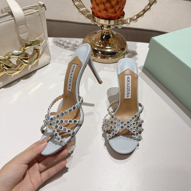 AQUAZZURA 26S HIGH-HEEL SANDALS 85 MM IN POWDER BLUE CALFSKIN