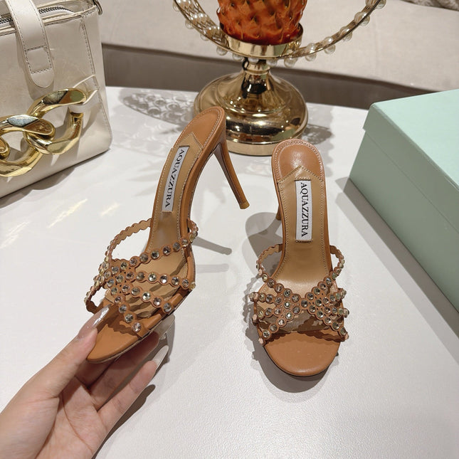 AQUAZZURA 26S HIGH-HEEL SANDALS 85 MM IN BROWN CALFSKIN