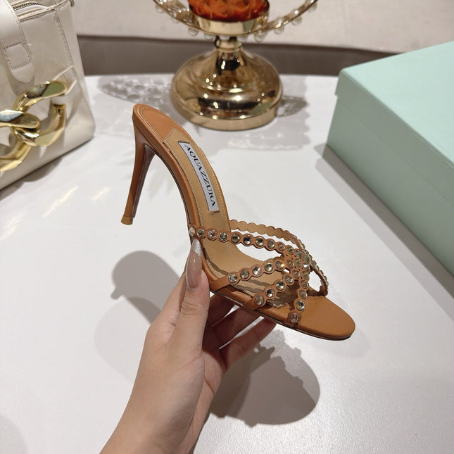 AQUAZZURA 26S HIGH-HEEL SANDALS 85 MM IN BROWN CALFSKIN