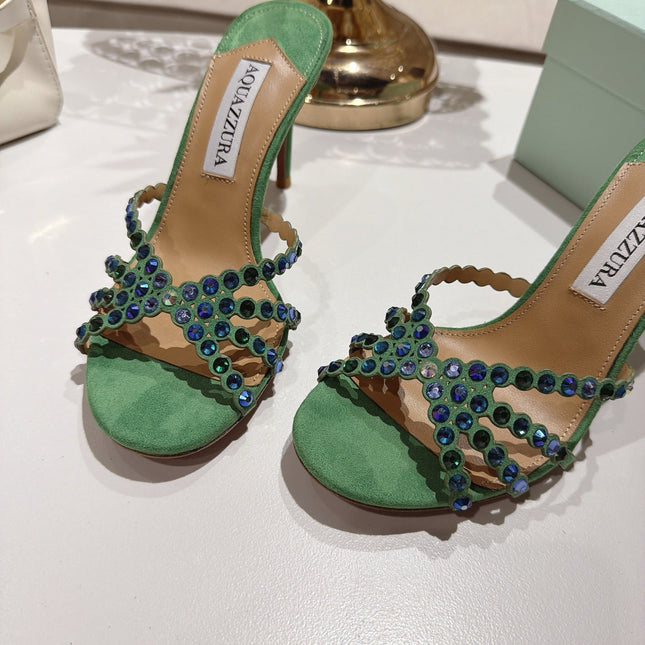 AQUAZZURA 26S HIGH-HEEL SANDALS 85 MM IN GREEN SUEDE