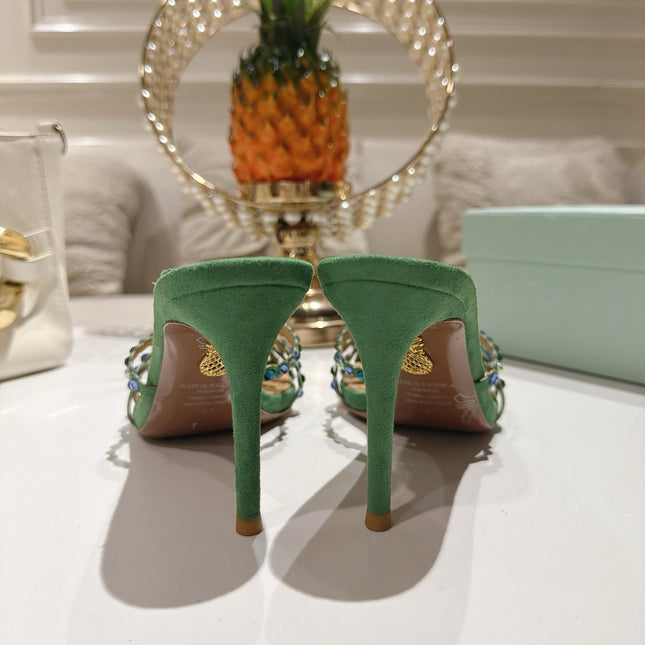 AQUAZZURA 26S HIGH-HEEL SANDALS 85 MM IN GREEN SUEDE