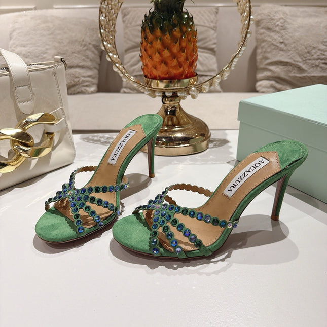 AQUAZZURA 26S HIGH-HEEL SANDALS 85 MM IN GREEN SUEDE