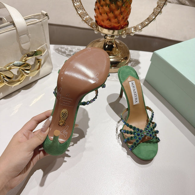 AQUAZZURA 26S HIGH-HEEL SANDALS 85 MM IN GREEN SUEDE
